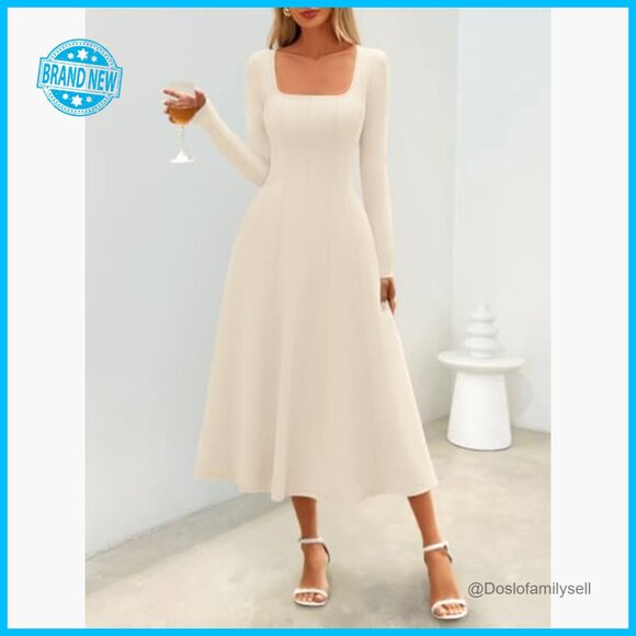 Elegant Square Neck Midi Dress Long Sleeve High Waist Flowy Cocktail Party - Picture 3 of 7